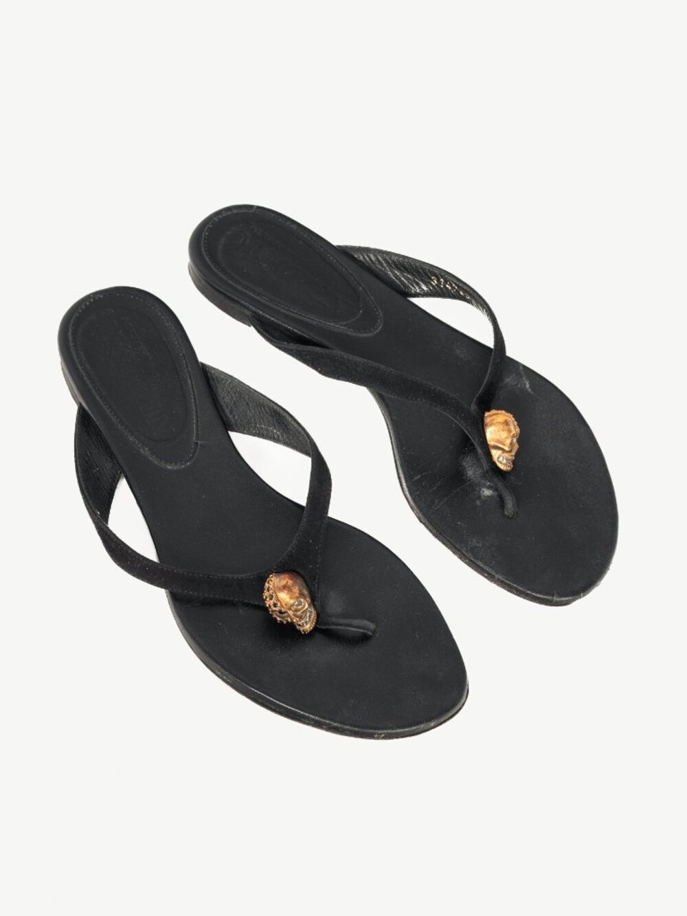 Alexander McQueen Black Suede Skull-Strap Thong Sandals